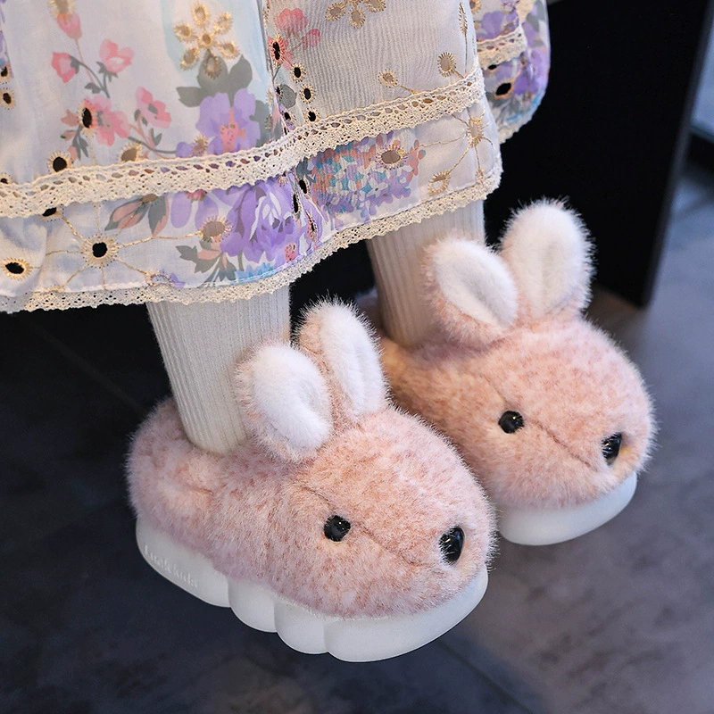 Детские хлопковые тапочки для девочек, зимние теплые меховые тапочки для девочек, домашние нескользящие хлопковые тапочки для родителей и детей в виде кролика-принцессы.