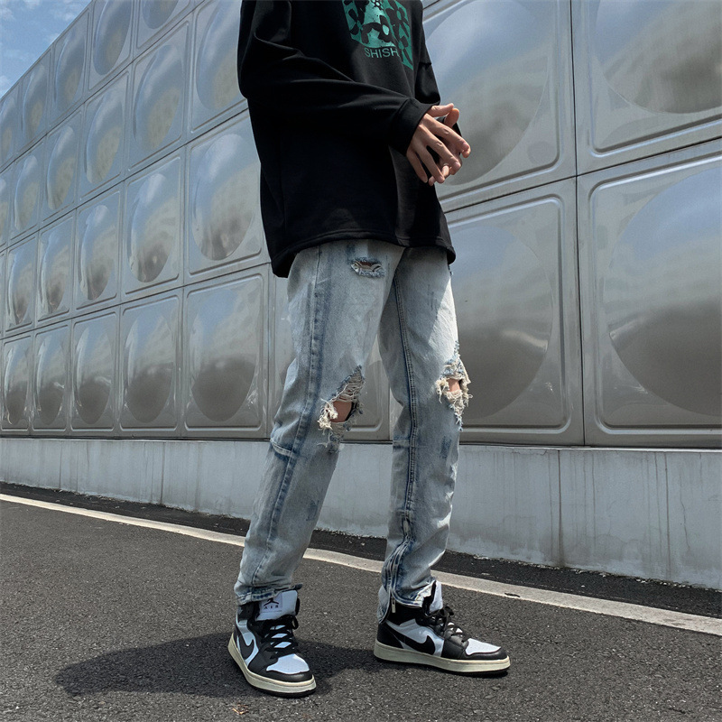 Jeans men's 2022 new Hong Kong style ins casual ripped loose straight fashion brand trendy men's long pants