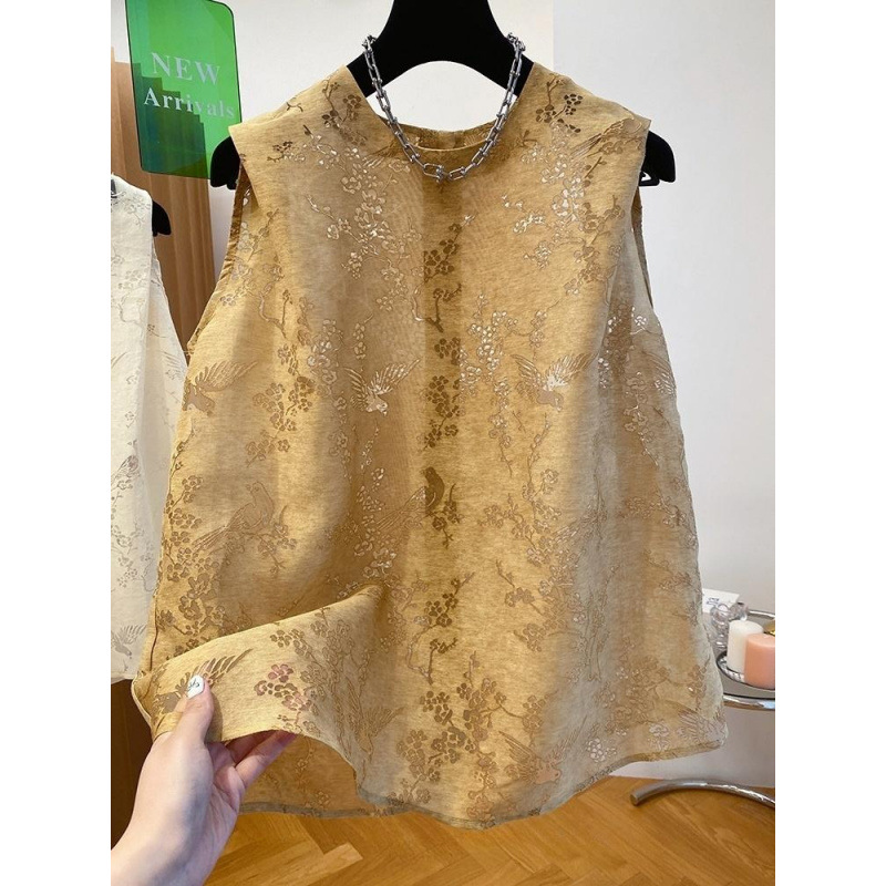 高级感亚麻苎麻无袖上衣女夏2024新款镂空提花漂亮洋气小衫娃娃衫