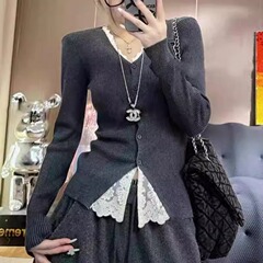 韩系高级感蕾丝拼接长袖T恤女2025秋季新款假两件薄款开衫上衣