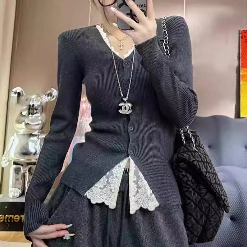 韩系高级感蕾丝拼接长袖T恤女2025秋季新款假两件薄款开衫上衣|undefined