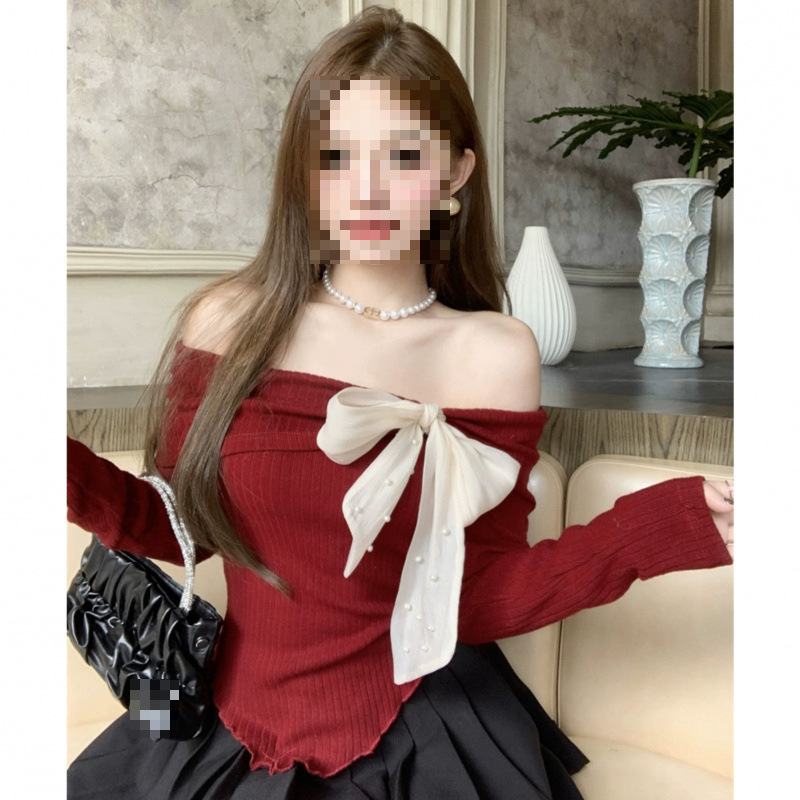 Christmas Red New Year Red Knitwear Women's Autumn and Winter Pure Lust Sexy One-Shoulder Bow Top Bottoming Shirt
