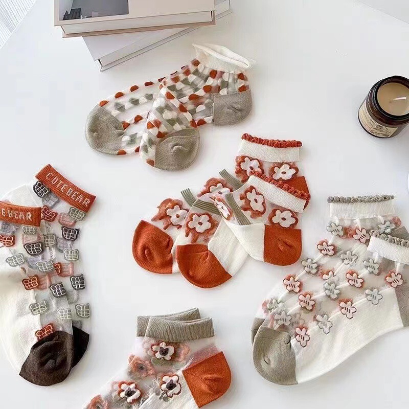 Socks women's summer thin all-match glass stockings non-slip cotton breathable comfortable small flower boat socks glass stockings