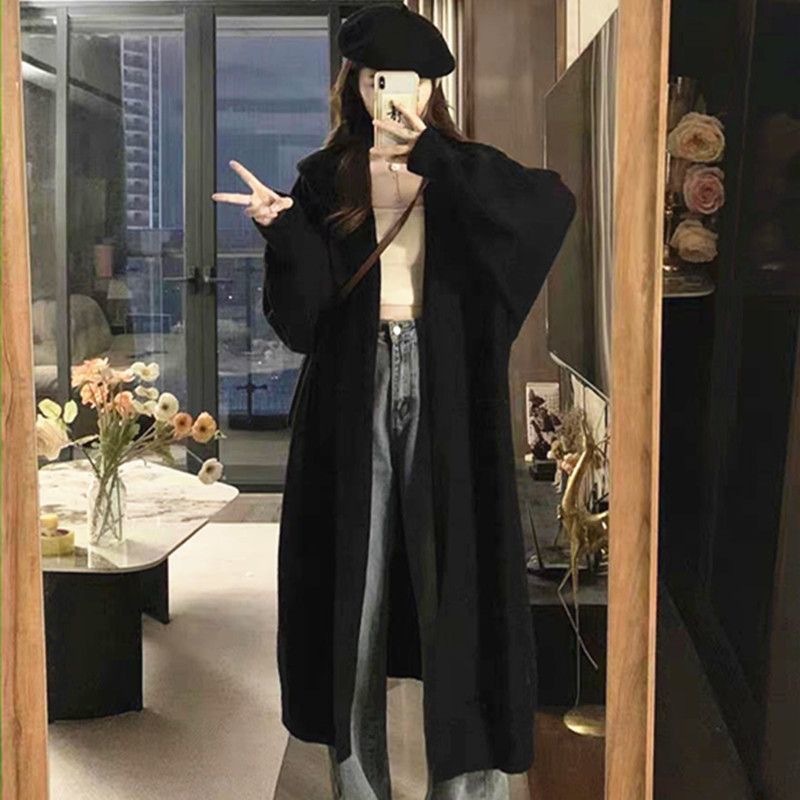 大码美拉德穿搭中长款毛衣开衫外套秋冬慵懒风连帽针织衫上衣|undefined
