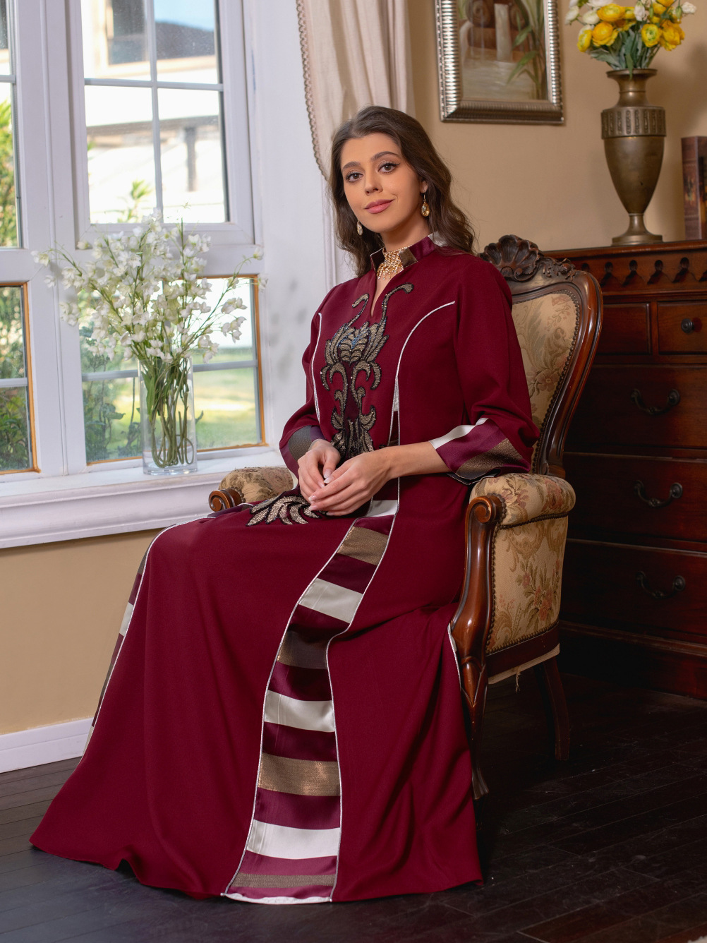 AB052跨境外贸中东女装绣花条纹abaya穆斯林阿拉伯迪拜muslim长袍详情10