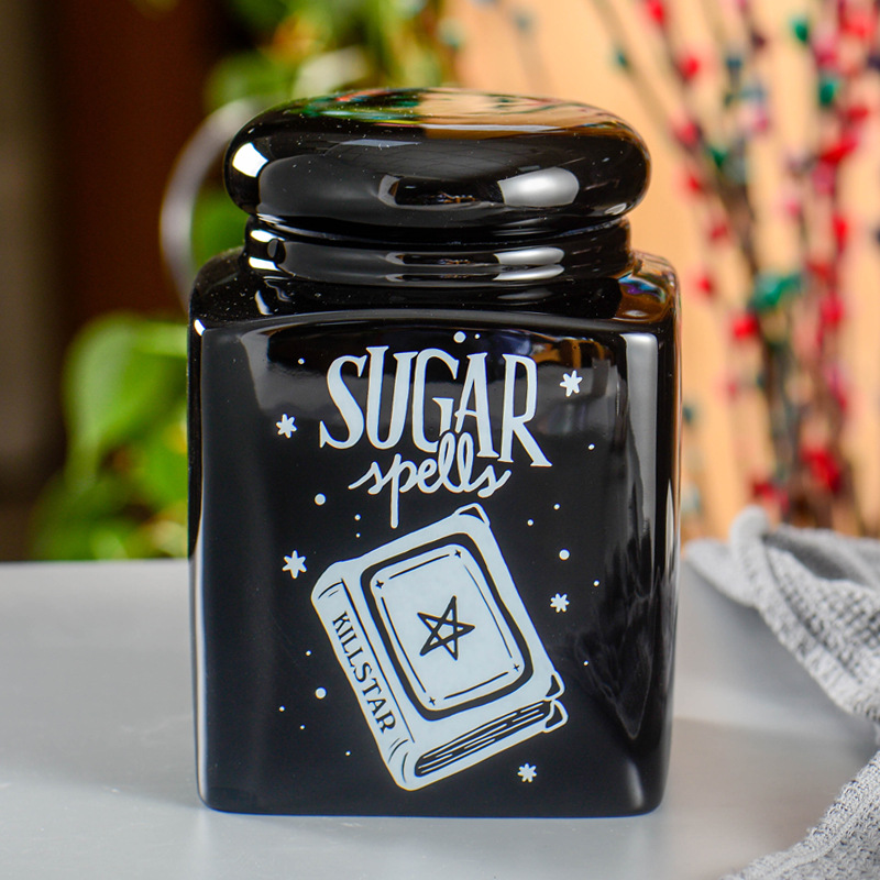 Estricta Selección de estilo europeo Halloween 3D alivio de cerámica sellada jarra de galletas grande negro tarro de almacenamiento de animales de dibujos animados