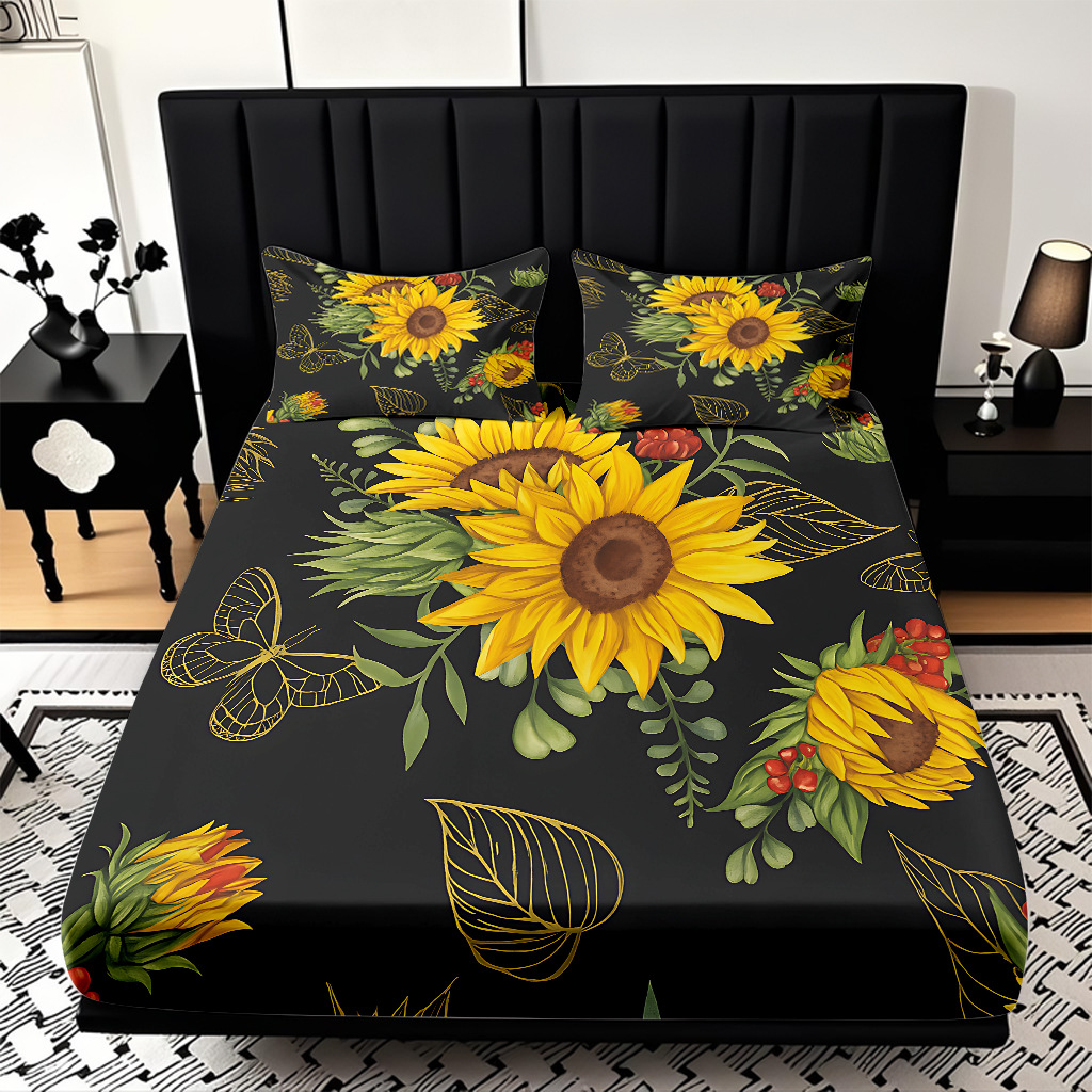 Comercio exterior transfronterizo textil doméstico patrón de girasol impresión digital 3D cama de molienda de tres piezas JIT modelo Temu