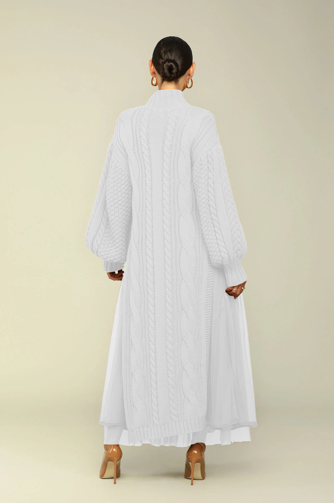 Women's Clothing women's fashion solid color lantern sleeve stand collar knitted skirt sweater skirt dress two piece suit_voghion.com