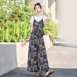 洋气别致吊带假两件T恤阔腿裤套装女2026夏新款时尚印花两件套