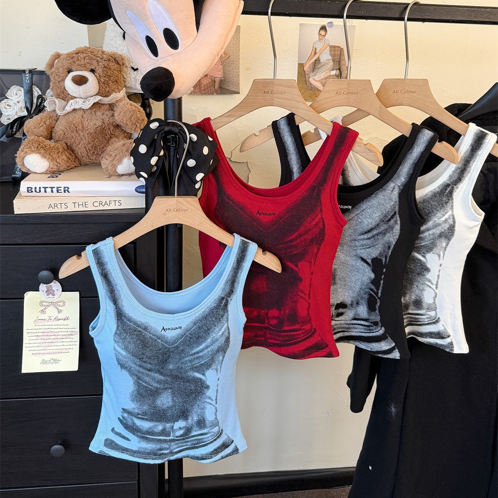 6996 American Hot Girl Hits the Street with Contrasting Color Printing Design Camisole Women's Summer New Slim Short Top