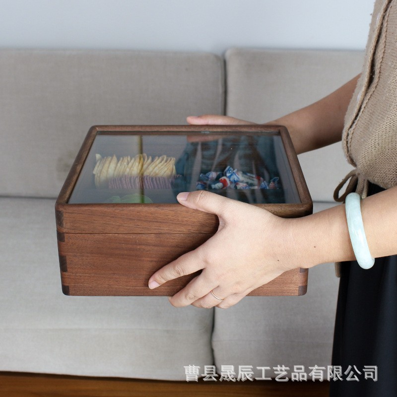 Vintage Nogal Negro caja de frutos secos cubierta de acrílico compartimiento snack caja de madera maciza caramelo melón semillas caja de tuerca