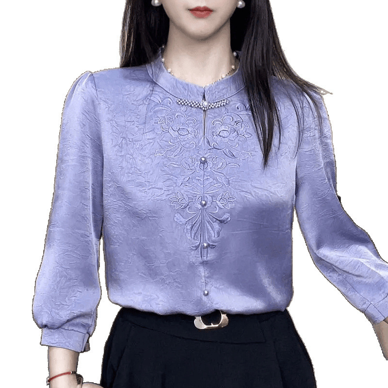 高档缎面法式七分袖衬衫女春夏新款气质百搭宽松外穿洋气小衫上衣|undefined