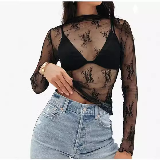 Wish2024 Amazon European and American Export Women's Mesh Transparent Lace Layered Top Corporate Collar See-Through Shirt