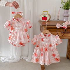 24 Summer Baby Clothes Girls' Short Sleeve National Style Pajama Set Baby Girls' Dress Tangzhuang Infant Triangular Crawling Suit