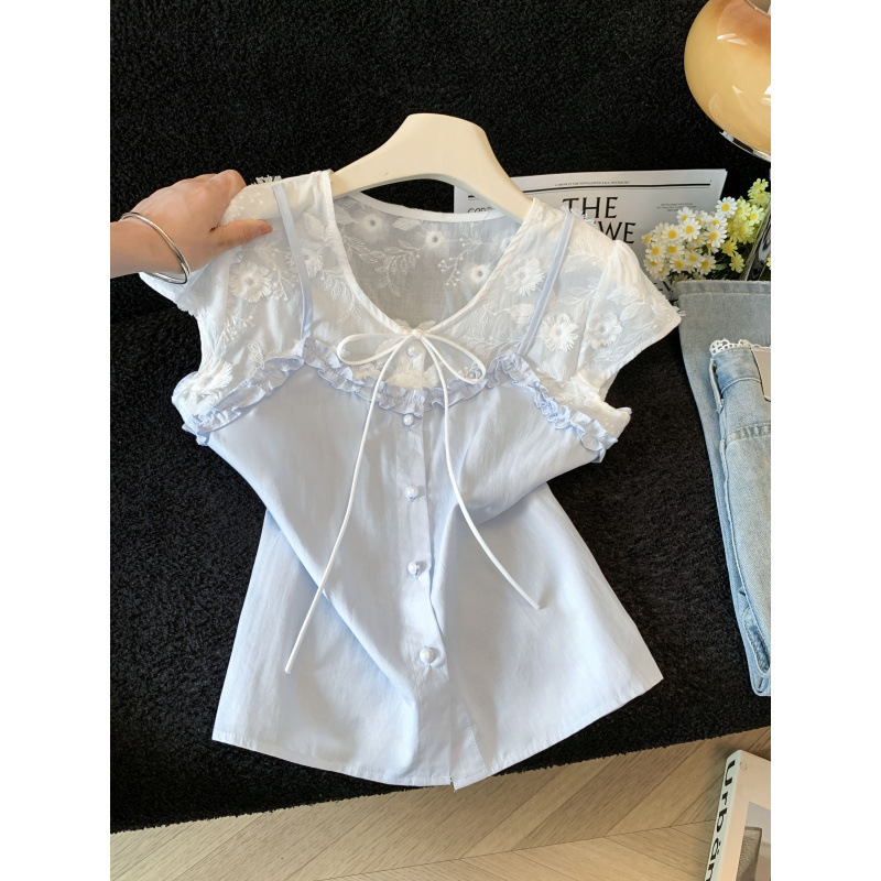 Lace Patchwork Shirt for Women, Summer Color-Blocked Tie-Up Babydoll Shirt, Super Stylish, Waist-Cinching, Slimming, Short Cardigan Lace Patchwork Shirt for Women, Summer Color-Blocked Tie-Up Babydoll Shirt, Super Stylish, Waist-Cinching, Slimming, Short Cardigan
