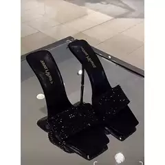 YSL Style 2026 Summer New Square Toe Black Crystal One-Strap Sandals Thin High Heels Women's Slippers