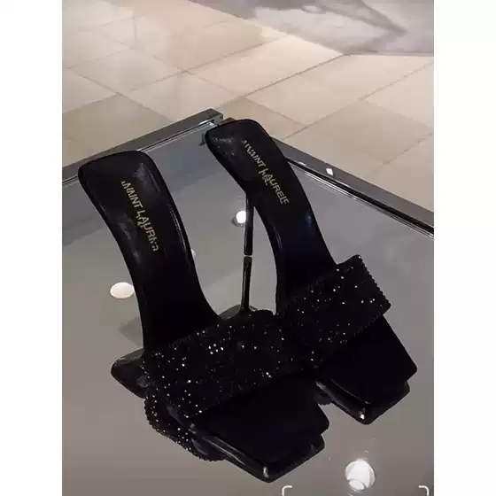 YSL Style 2026 Summer New Square Toe Black Crystal One-Strap Sandals Thin High Heels Women's Slippers