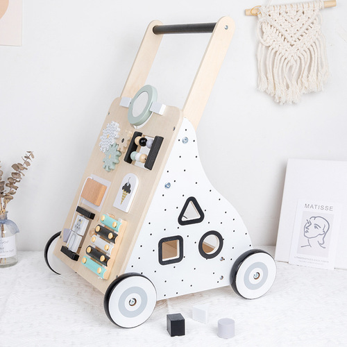 Children's multifunctional wooden baby walker stroller educational early education walking aid anti-rollover storage shopping cart
