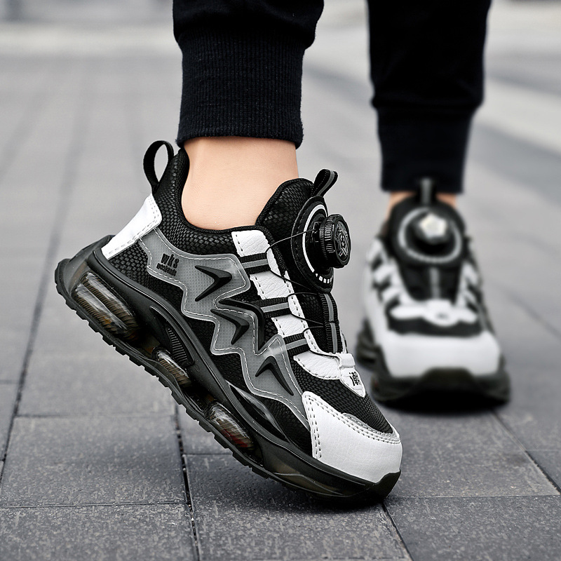 7288 Zapatos deportivos impermeables para niños de cuero mediano y grande para niños para hombres 2025 nuevo estilo botón giratorio tendencia carrera casual