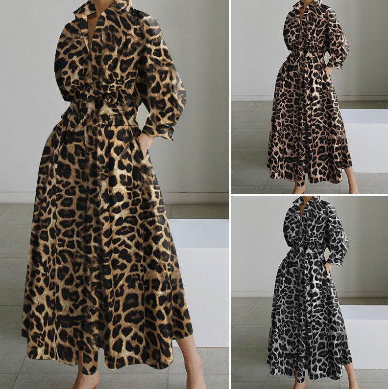 Women's Shirt Dress Casual Shirt Collar Printing Long Sleeve Solid Color Leopard Maxi Long Dress Street display picture 2