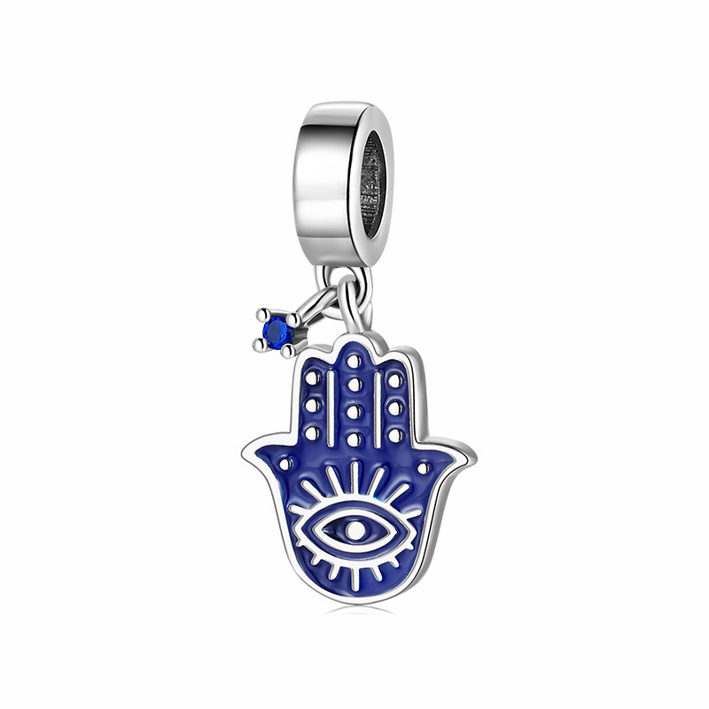 S925 Sterling Silver Bracelet Pendant, Deep Blue Enamel Hamsa Hand Shape, Inlaid with Zircon Eye Design, DIY Accessory