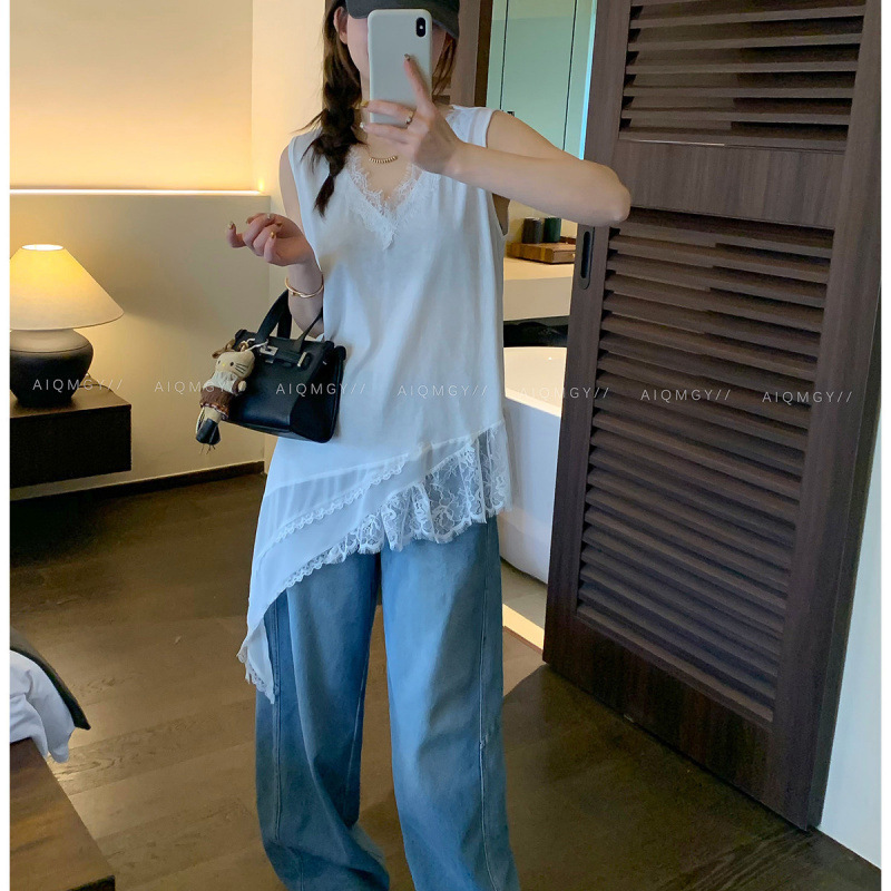 Korean Style Lace Trim Vest for Women, 2026 Summer New Style, Plus Size Loose Mid-Length Sleeveless Top