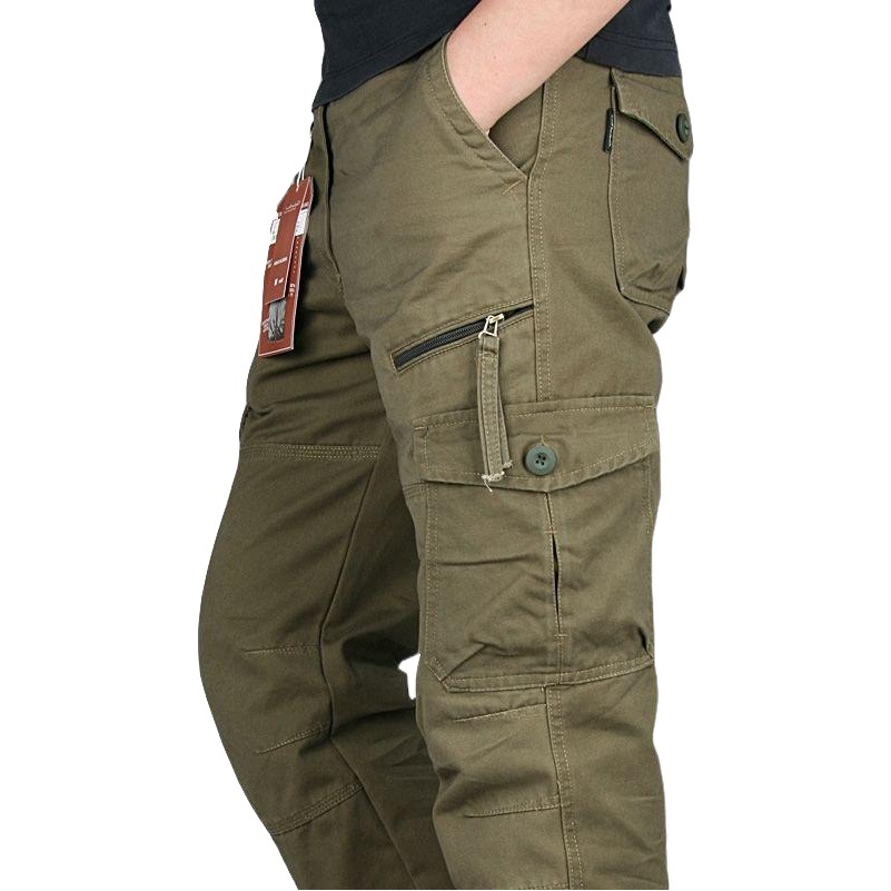 Primavera y otoño nuevos monos al aire libre de algodón de los hombres rectos sueltos montañismo pantalones casuales multi-Bolsillo ejército verde pantalones Rush