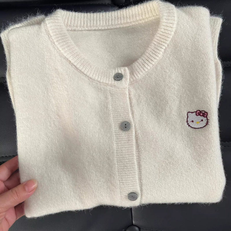 Cute cat embroidered knit cardigan, a versatile top for spring and autumn, new style women's soft and comfortable sweater, simple knit sweater