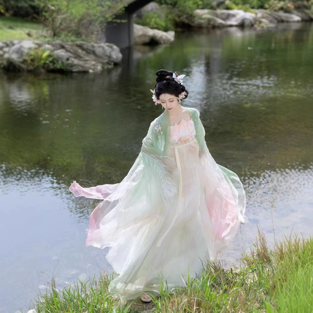 Подлинный оригинальный Hanfu женский 2025 новый весенний и летний двухслойный лепестковый рукав тяжелая вышивка