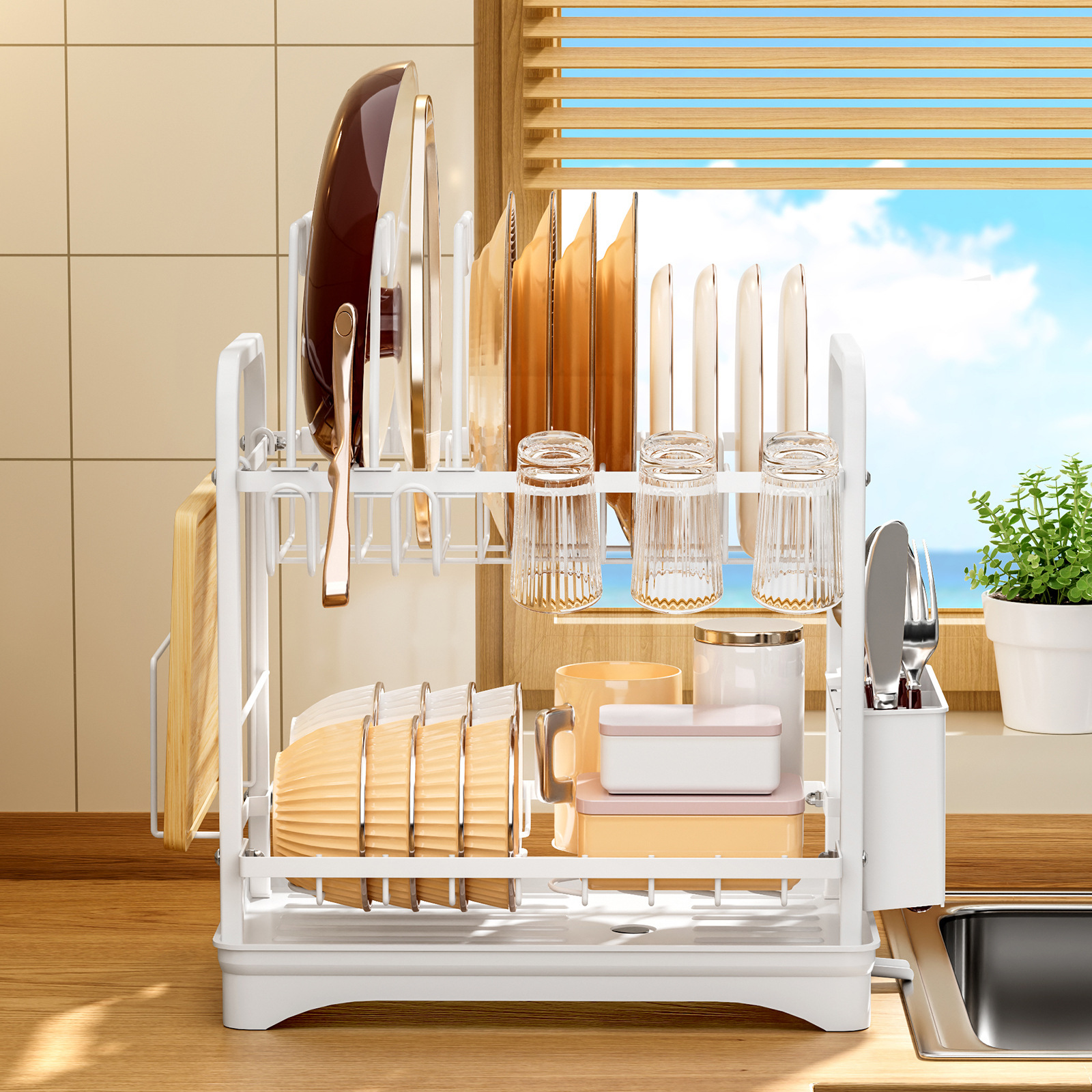 Estante de cocina de Amazon, tapa de olla de gran capacidad, taza de plato, palillos, almacenamiento multifuncional, drenaje, estante de acabado de cocina