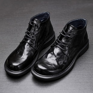 Leather men's leather Martin boots casual fashion short boots round toe mid-top black flat trendy boots for men