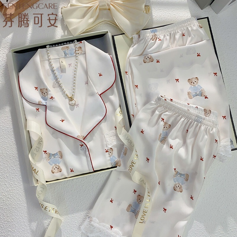 Cute Cartoon Bear Silk Pajamas with Chest Pads for Women, Summer Silk Short-Sleeved Three-Piece Set, Gift Box for Best Friend or Girlfriend
