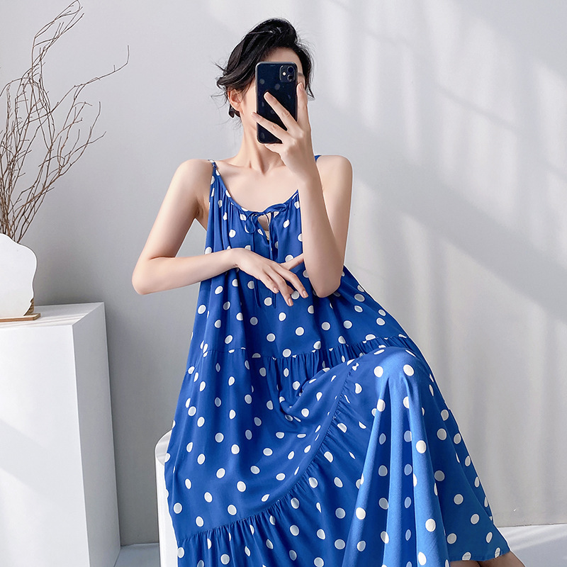 2026 Spring New French Style V-Neck Beach Vacation Dress, Blue Long Dress, Nightgown