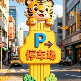 城市商圈文旅场地萌虎仿木停车场导视立牌卡通动物圆角停车指引景
