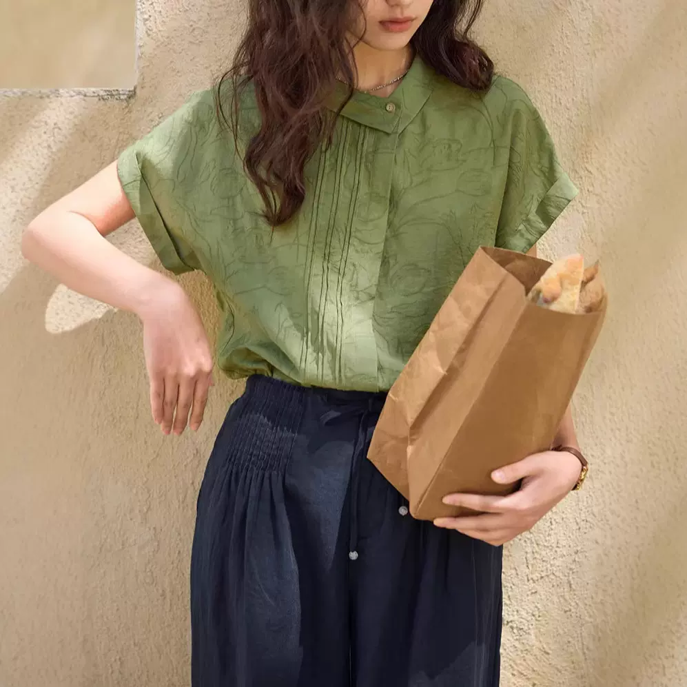 solighte 法式亚麻提花不对称翻领衬衫女夏季