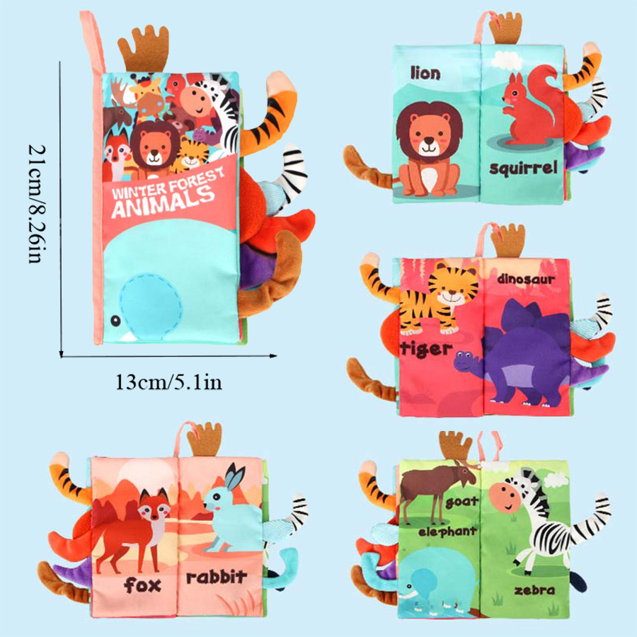 Libro de tela transfronterizo para bebés, educación temprana, con cola de animal tridimensional, masticable, resistente a desgarros, juguete calmante para bebés