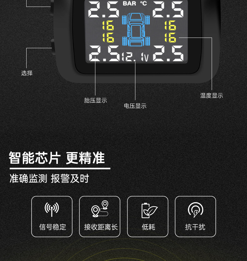 Ty09 Built-In Tire Pressure Monitor, External Universal Tire Detection Device for Cars, Wireless Solar-Powered Cigarette Lighter Tire Pressure Monitor
