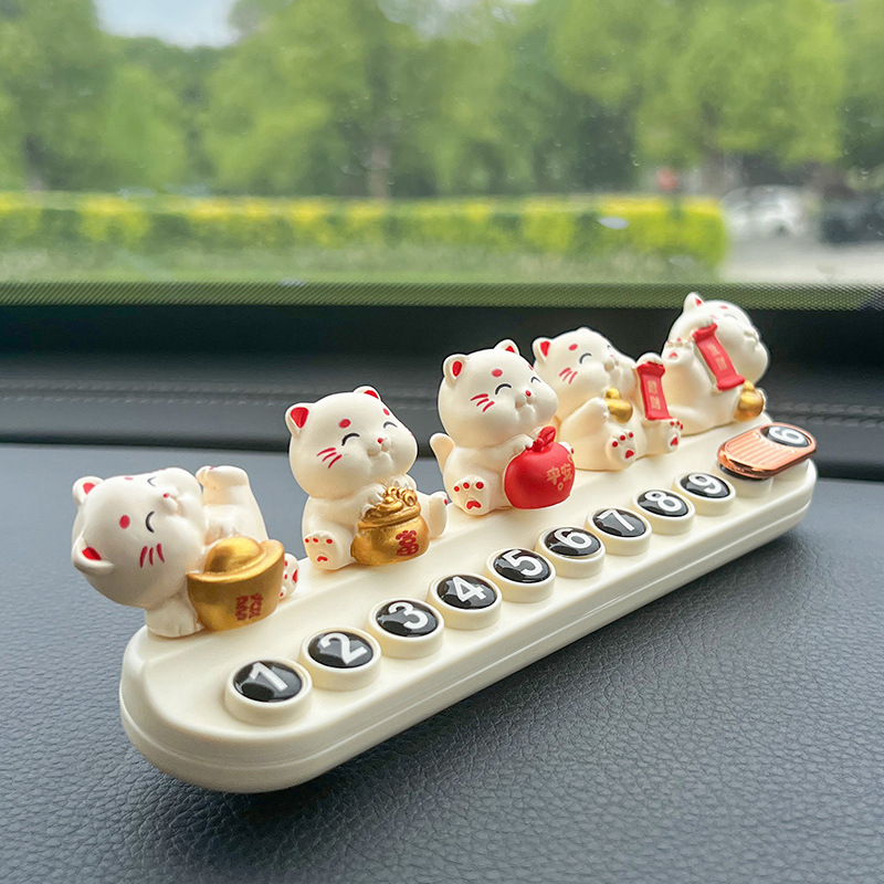 Cute and Chubby Lucky Cat Temporary Parking Number Plate, Safe and Prosperous Car Moving Phone Plate, Aromatherapy Car Interior Decoration