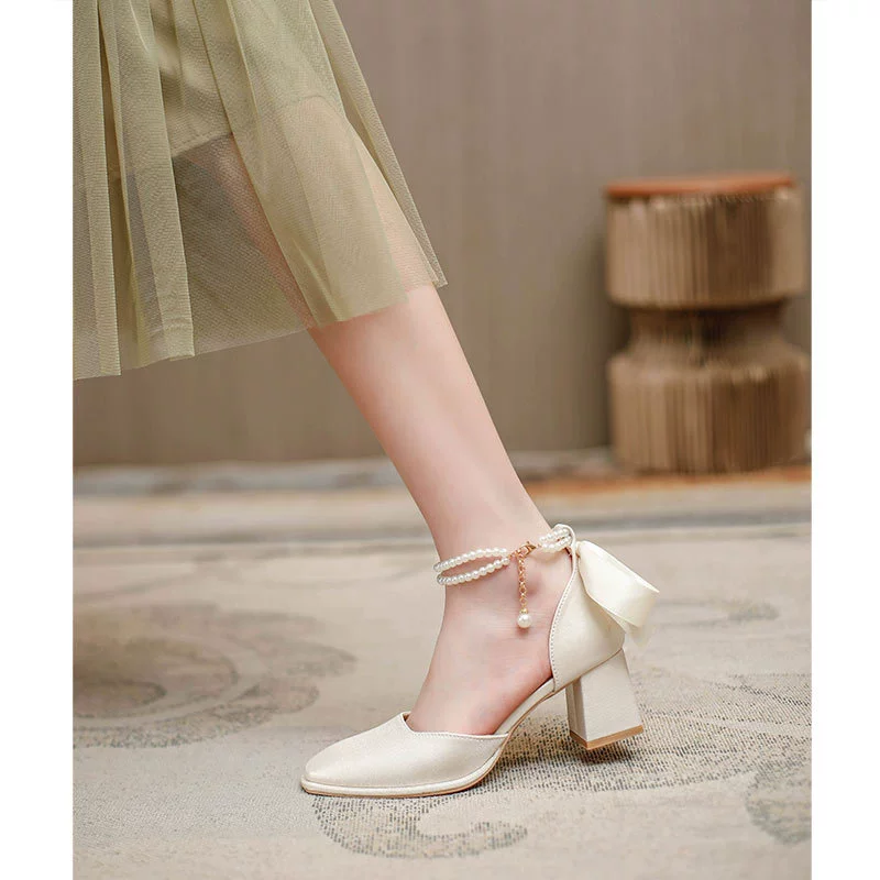 Сандалии Baotou, новинка 2025, летние красные свадебные туфли на высоком каблуке с квадратным носком и толстым каблуком, туфли на среднем каблуке с жемчугом