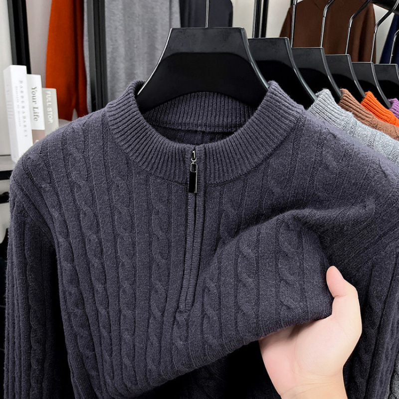 Old Money Style Long-Sleeved Men's Wool Knitwear Winter New Thick Zipper Half Turtleneck Pullover Jacquard