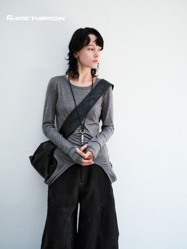 十三行R13挂耳圆领两穿纯色修身背心长袖打底T恤女25AW|undefined
