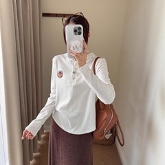 韩版泰迪熊舒暖绒连帽系扣打底衫女秋季新款正肩显瘦休闲百搭长袖
