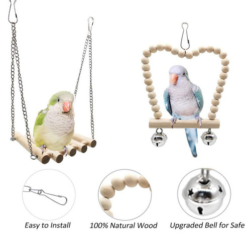 Parrot Toy Set with Perch Swing Bird Toys 8-Piece Natural Wood Color Bird Accessories for Biting Birds