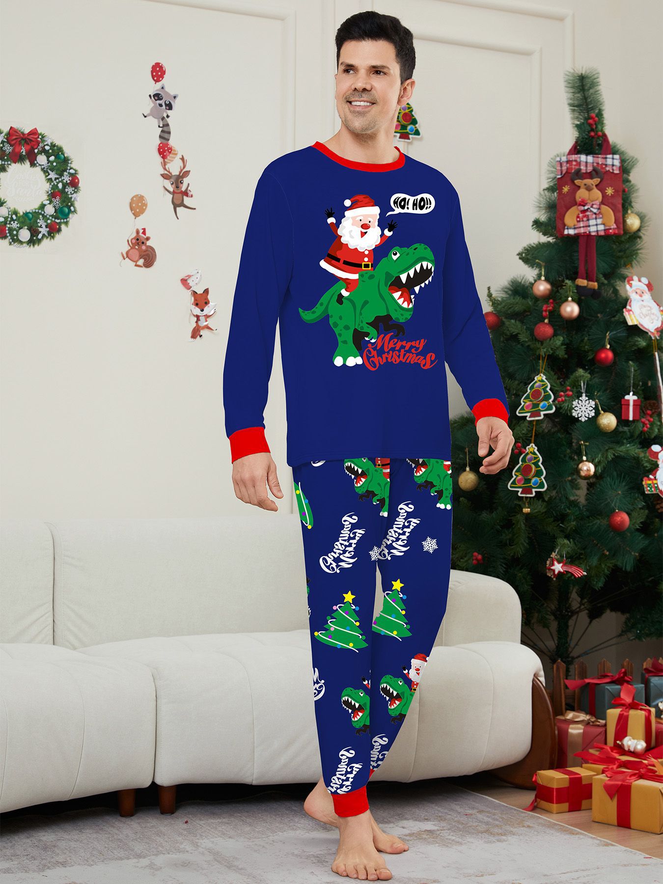 Božićna kućna odjeća Obiteljska odjeća Zelena pidžama s printom dinosaura Djeda Mraza Plavo odijelo_voghion.com