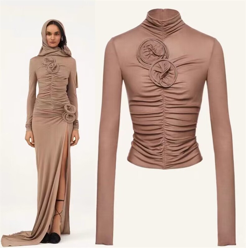 2023 Autumn European and American Fashion Trend Three-dimensional Rose Flower Pleated Slim-fit Slimming All-match Collar Top for Women 2023 Autumn European and American Fashion Trend Three-dimensional Rose Flower Pleated Slim-fit Slimming All-match Collar Top for Women