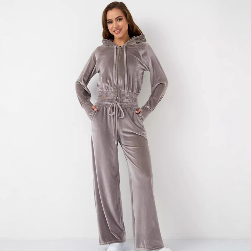 Amazon Cross-Border European and American Fashion Casual Women's Solid Color Zipper Cardigan Silver Fox Velvet Sweatshirt Lace-Up Pants Two-Piece Set Amazon Cross-Border European and American Fashion Casual Women's Solid Color Zipper Cardigan Silver Fox Velvet Sweatshirt Lace-Up Pants Two-Piece Set