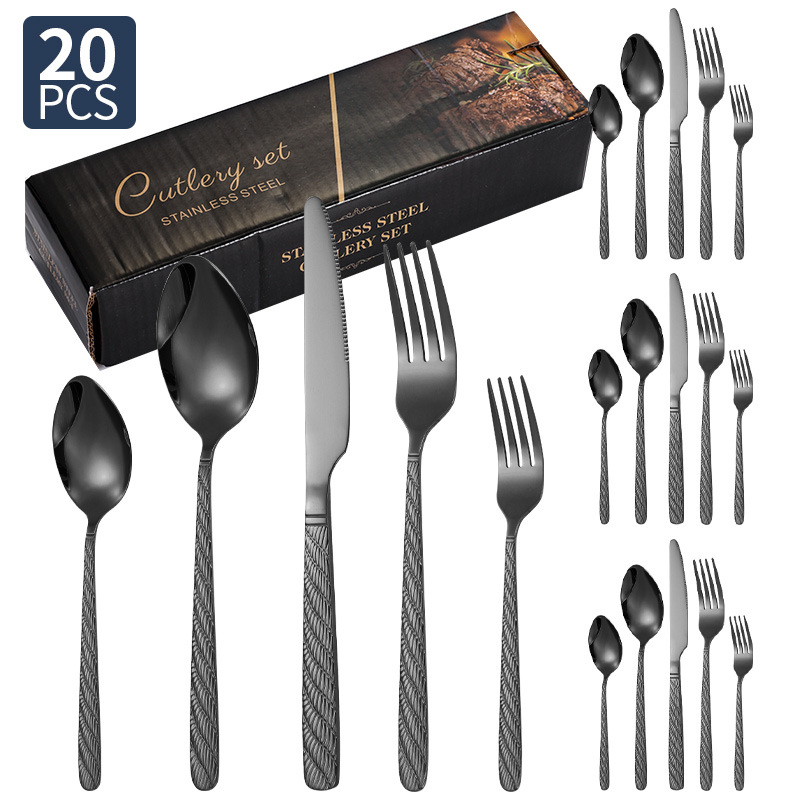 Vajilla de acero inoxidable de Amazon, bistec, cuchillo, tenedor, cuchara, cuerda de cáñamo, juego de 20/24/30 piezas, juego de cuchillo y tenedor de comida occidental de hotel