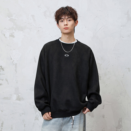 Premium Heavyweight Crew Neck Sweatshirt for Men - Autumn Quality Embroidered Vintage Faux Suede Trend Brand Oversized Drop Shoulder Hooded Sweatshirt