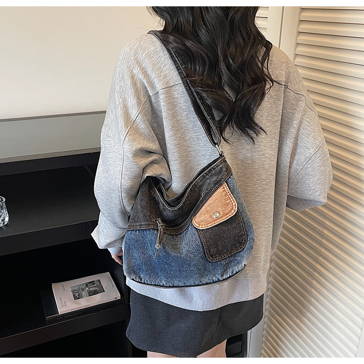 Colorblock Multi Pocket Washed Denim Tote Bag 38