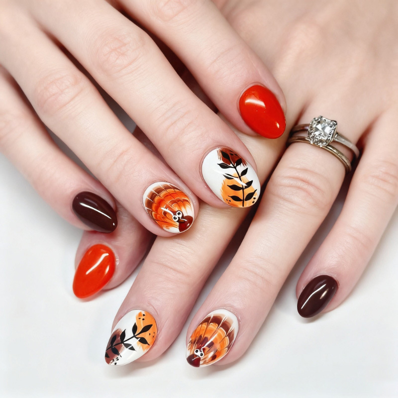 30 Pieces of Cross-Border Thanksgiving Oval Boutique Wearable Nails Painted High-End Turkey Straw Manicure Nails Ready for Sale